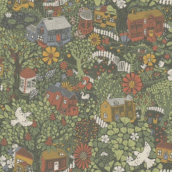 A-Street Prints Bygga Bo Green Woodland Village Wallpaper 4111-63003 - main