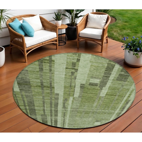 Homeroots 8' Green And Gray Round Striped Washable Indoor Outdoor Area Rug 602775 - main