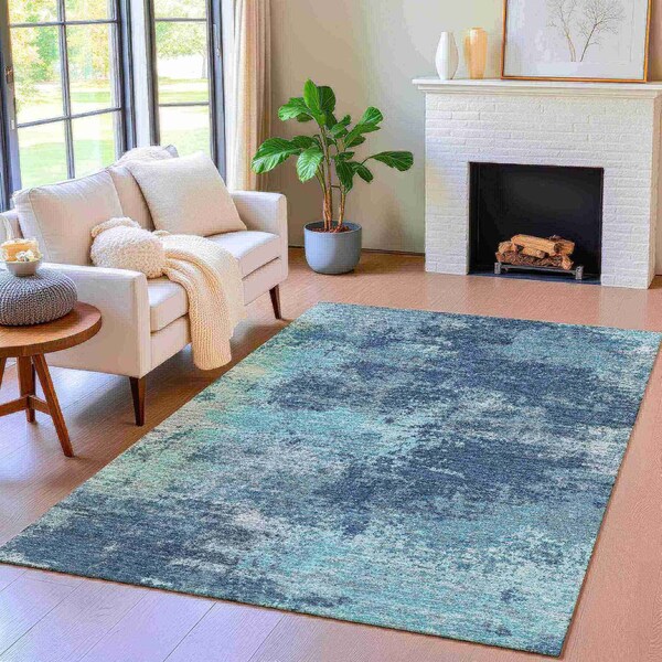 Homeroots 3' X 5' Teal Blue And Navy Blue Abstract Washable Indoor Outdoor Area Rug 630657 - main
