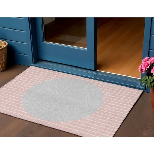 Homeroots 3' X 5' Pink And Silver Striped Washable Indoor Outdoor Area Rug 597187 - main