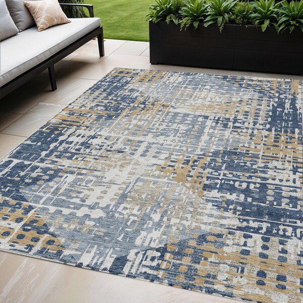 Homeroots 5' X 8' Navy Blue And Beige Geometric Washable Indoor Outdoor Area Rug 632006 - main
