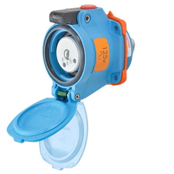 Meltric DSN20 RECEPTACLE POLY BLUE SIZE 1 TYPE 4X IP 69 1P+N+G 20 A 125 VAC 60 Hz NO AUX PADLOCK PAWL 63-14075-843 - main