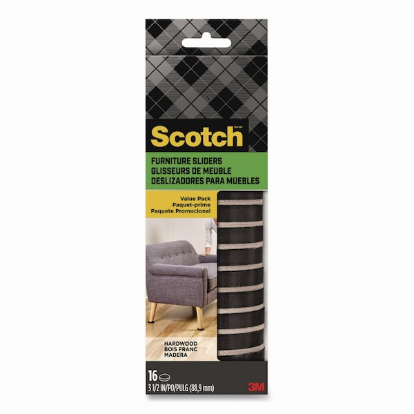 Scotch Furniture Sliders, 3.5in dia, Black/Beige, 16PK SP674-NA - main