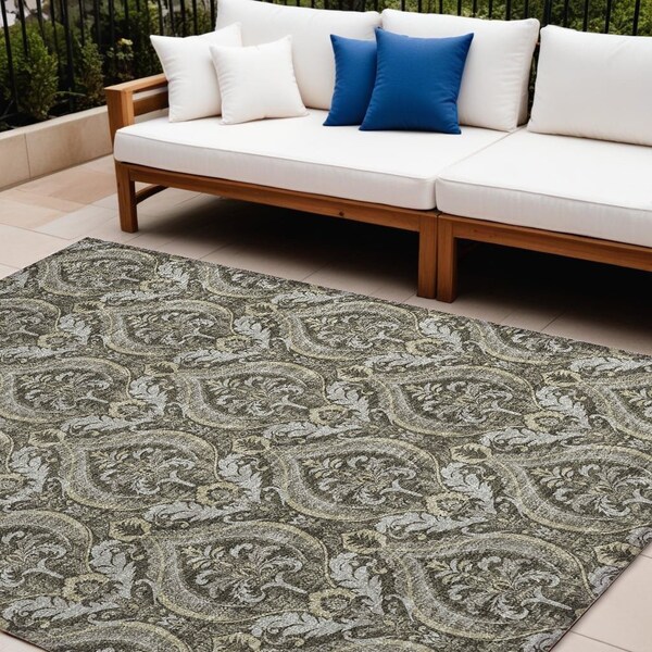 Homeroots 10' X 14' Taupe and Beige Damask Washable Non Skid Indoor Outdoor Area Rug 563897 - main
