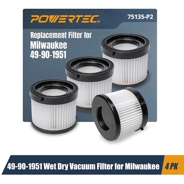 Powertec 49-90-1951 Wet Dry Vacuum Filter for Milwaukee M18 0882-20 Compact Vacuum, 4PK 75135-P2 - main