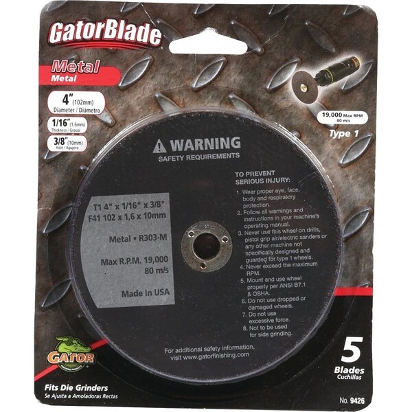 Ali GatorBlade Cut-Off Wheel, 4 in Dia, 1/16 in Thick, 3/8 in Arbor, Aluminum Oxide Abrasive 9426 - main
