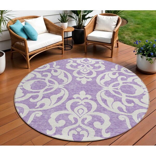 Homeroots 8' Purple And Ivory Round Damask Washable Indoor Outdoor Area Rug 614451 - main