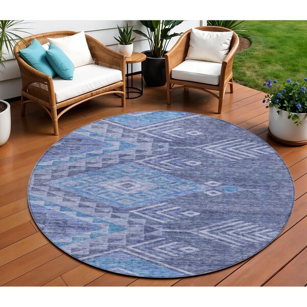 Homeroots 8' Navy Blue Charcoal And Gray Round Southwestern Washable Indoor Outdoor Area Rug 603553 - main