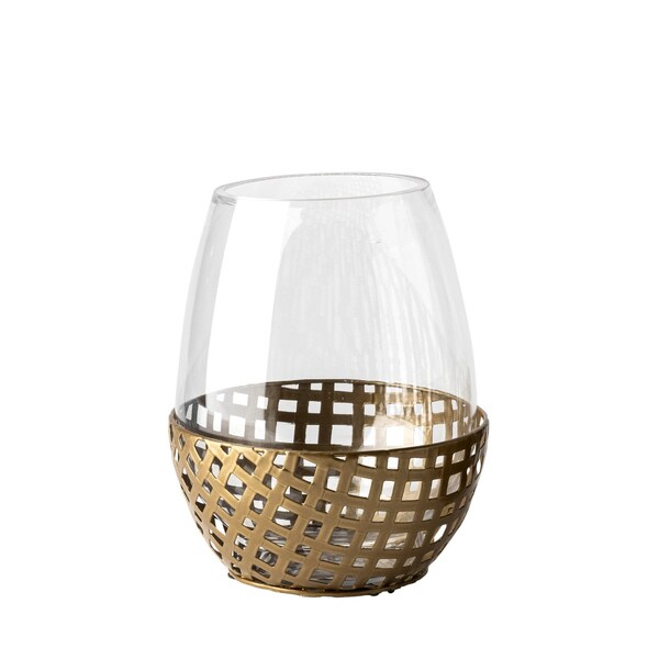 Homeroots 8" Gold Woven Metal And Glass Tabletop Hurricane Candle Holder 608407 - main