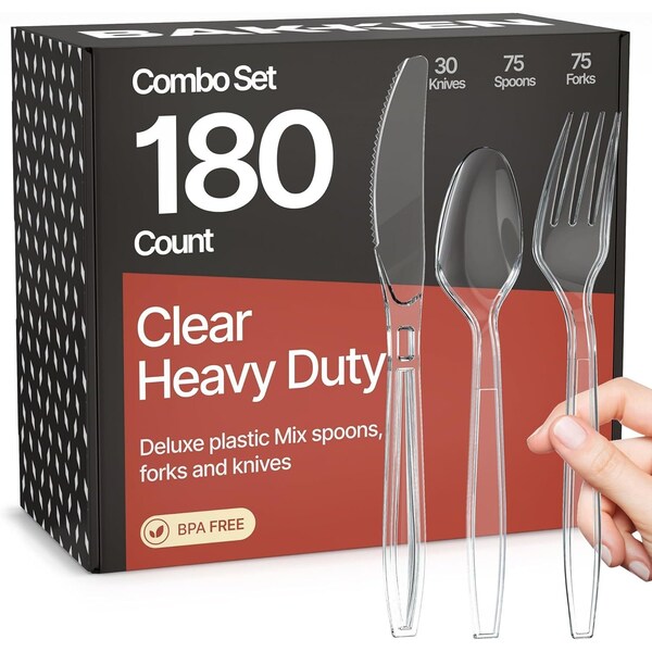Bakkenmaster Disposable Cutlery Set Forks, Knives and Spoons, Heavy-Duty BPA-Free Plastic, Reusable, 180PK BK-180CM - main