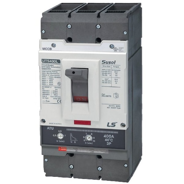 Ls Electric UTS400H Series 3 Pole MCCB. 400A Frame. 400A Trip Amperage. FMU - Fixed Magnetic / Adjust 02110054UL - main