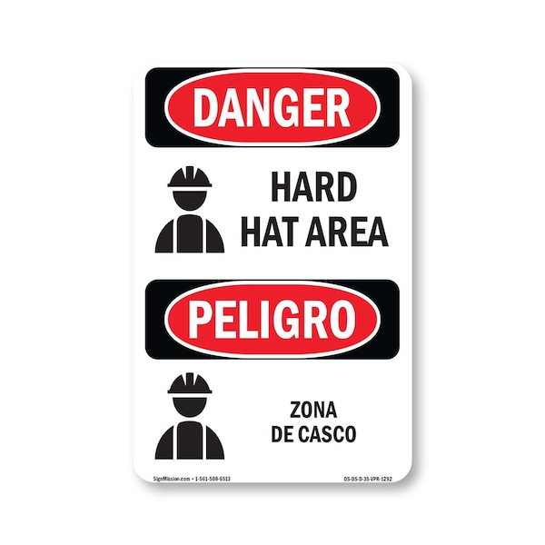 Signmission OSHA Danger Sign, Hard Hat Area Bilingual, 5in X 3.5in Decal, OS-DS-D-35-VPR-1292 OS-DS-D-35-VPR-1292 - main