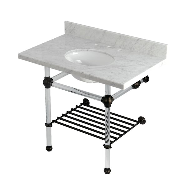 Kingston Brass 36-Inch Carrara Marble Console Sink with Acrylic Legs and Shelf, 8-Inch, 3-Hole KVPB3630MAB5 - main