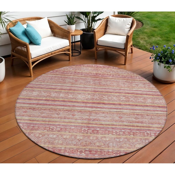 Homeroots 8' Rust And Coral Round Oriental Washable Indoor Outdoor Area Rug 616348 - main