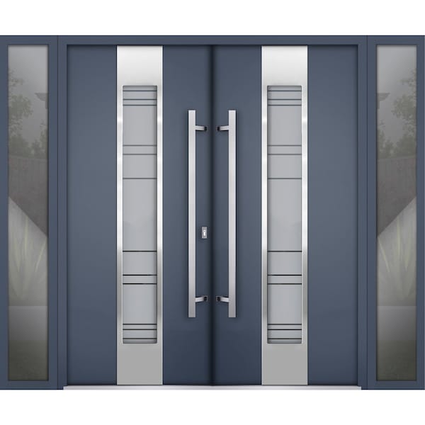 Vdomdoors Steel Double Doors Deux 0757 Gray Graphite 2 Sidelight Exterior Windows Stainless Inserts Single Mo DEUX0757DEXD-GRE-RH-W14+72+14 x H80 - main