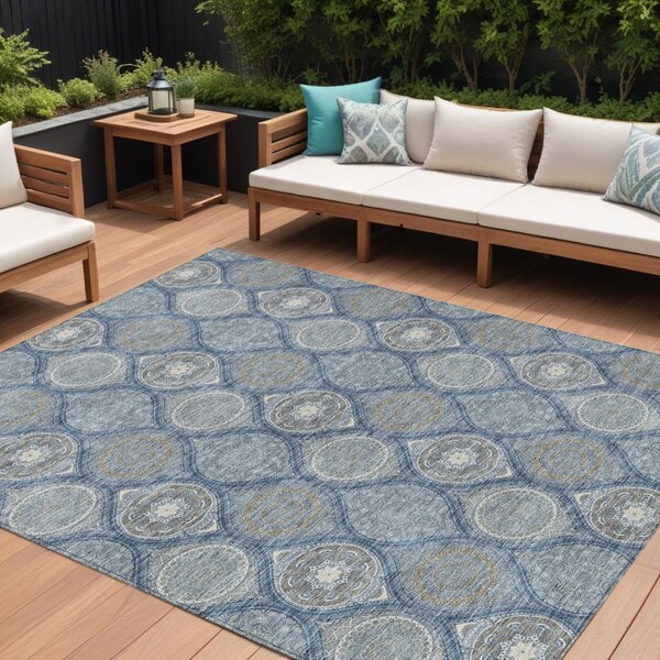 Homeroots 8' X 10' Navy Blue Ivory And Taupe Floral Medallion Washable Indoor Outdoor Area Rug 614608 - main