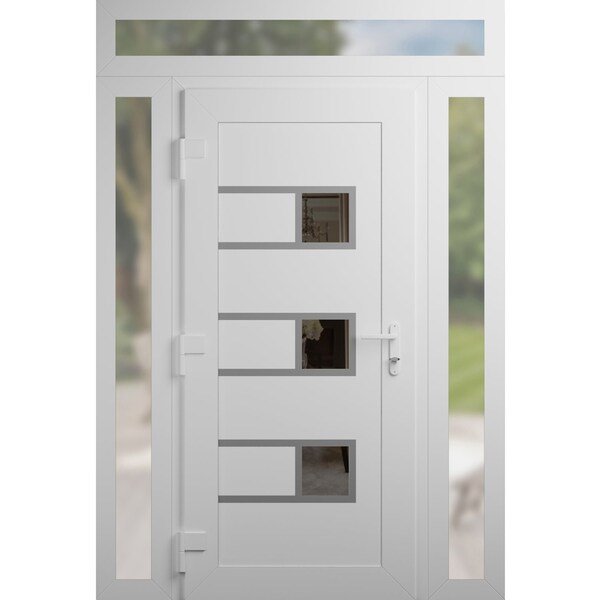 Vdomdoors Front Exterior Prehung Metal-Plastic Door, Manux 8933 White Silk, 2 Side and Top Sidelite Transom, MANUX8933EXD-WS-W14+36+14xH80+14-RH - main