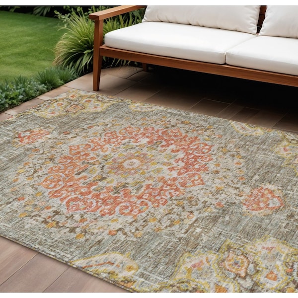 Homeroots 10' X 14' Brown Floral Medallion Washable Indoor Outdoor Area Rug 607841 - main
