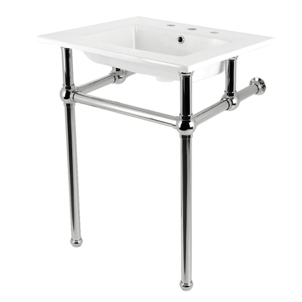 Kingston Brass 25" Ceramic Console Sink with Brass Legs, 8-Inch, 3-Hole, White/Polished Nickel KVBH25227W8B6 - main