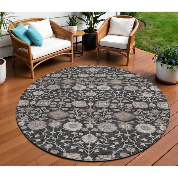 Homeroots 8' Black Brown And Beige Round Floral Washable Indoor Outdoor Area Rug 605415 - main