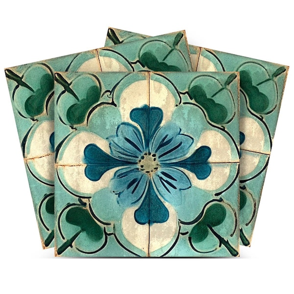 Homeroots 5" x 5" Blue And Green Vinyl Arabesque Peel And Stick Removable Tiles 572060 - main