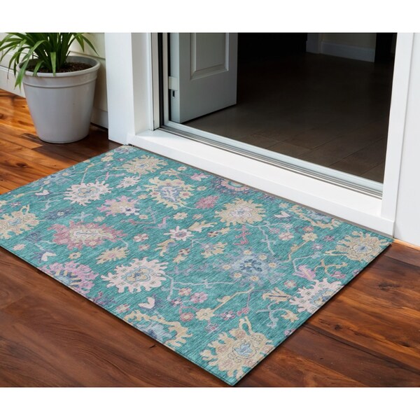 Homeroots 3' X 5' Teal Blue Pink And Ivory Floral Washable Indoor Outdoor Area Rug 605337 - main