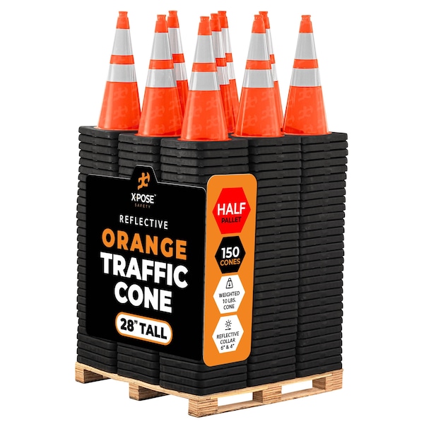 Xpose Safety 28 in Orange Traffic Cone, 10 lb Base with 6in & 4in Collar, PVC, DOT Approved, 150 PK, Half Pallet OTC28-64-10L-HP150-X - main