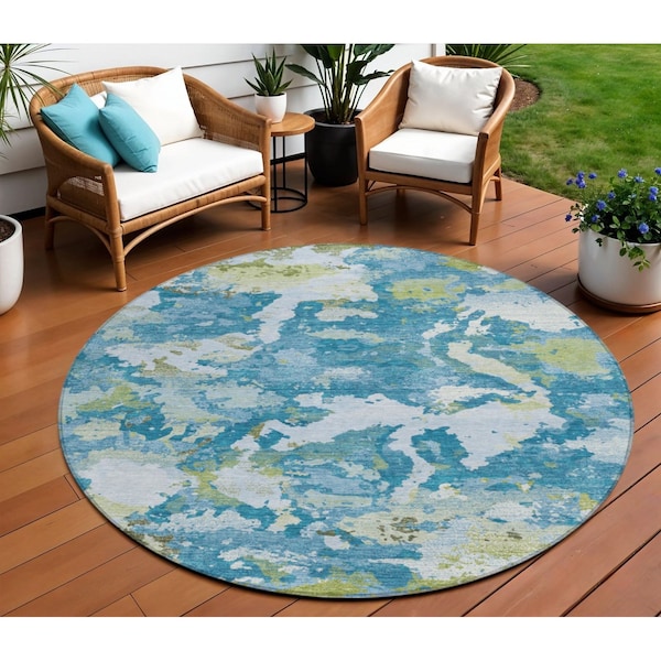Homeroots 8' Denim Blue And Olive Green Round Abstract Washable Indoor Outdoor Area Rug 609596 - main