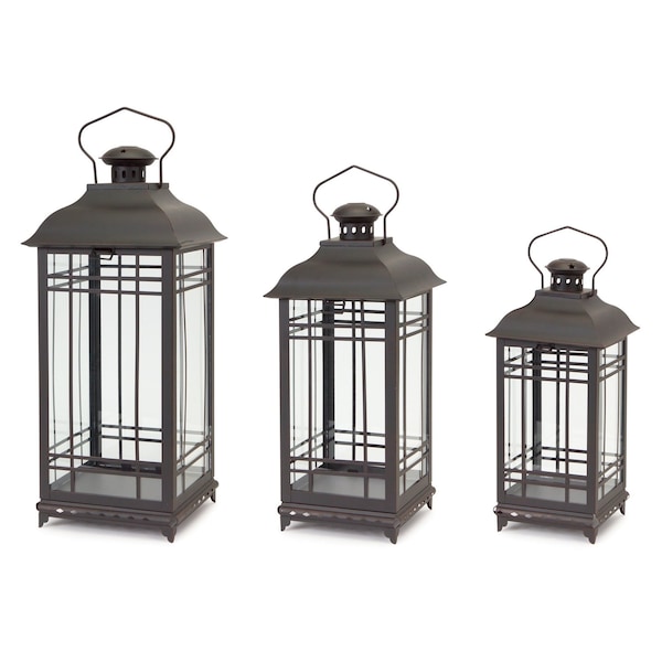 Homeroots Set of Three Black Distressed Geometric Glass And Metal Floor Lantern Candle Holders, 3PK 517567 - main
