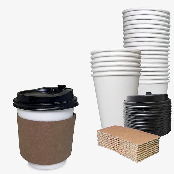Ecoquality 10oz White Paper Coffee Cups with Black Dome Lids and Sleeves - For Home, Office, 100PK EQ10WHTPCBDLS-100 - main