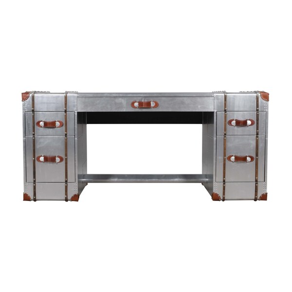 Homeroots 72" Silver Aluminum Executive Desk With Five Drawers 489182 - main