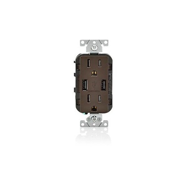 Leviton USB Charger/Duplex Tamper-Resistant Receptacle, 3.6/15 Amp, 125 Volt, NEMA 5-15R, Brown T5632-B - main