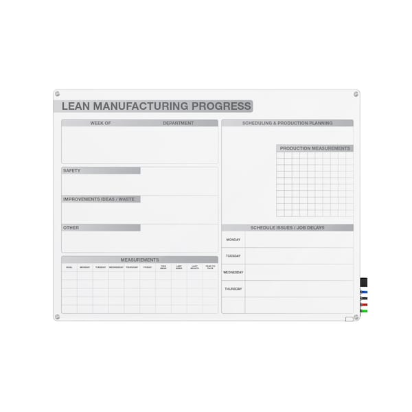 Ghent 2'H x 3'W Lean Manufacturing Graphics Glassboard with Stand-Offs, Round Corners, Magnetic GRPHMYRM02M-23 - main