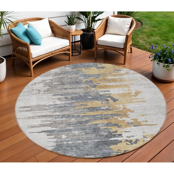 Homeroots 8' Ivory Charcoal And Silver Round Abstract Washable Indoor Outdoor Area Rug 582394 - main