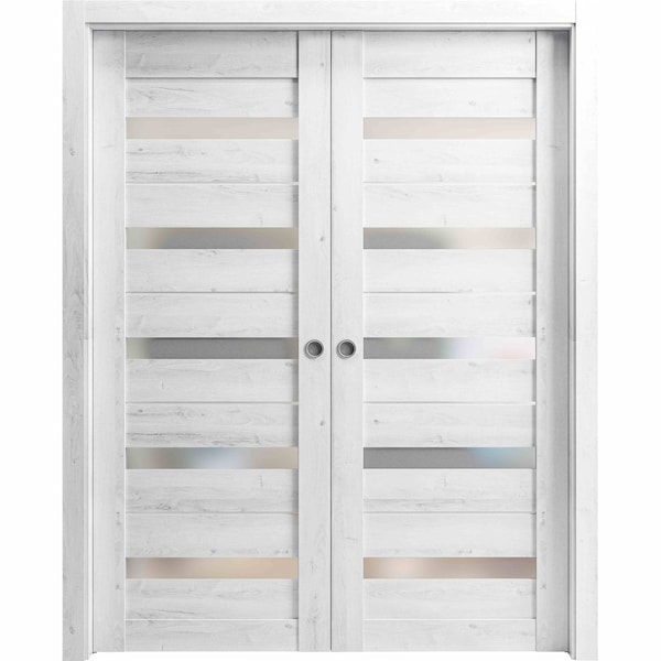 Sartodoors Sliding French Dbl Pocket Doors 48 x 80in, Nordic White W/ Frosted Glass, Kit Trims Rail Hardware QUADRO4445DP-NOR-48 - main