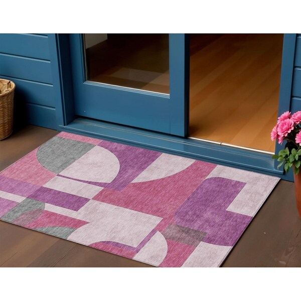 Homeroots 3' X 5' Blush And Mauve Geometric Washable Indoor Outdoor Area Rug 617896 - main