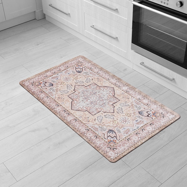 World Rug Gallery Traditional Medallion Cushioned Anti Fatigue Standing Kitchen Mat 18 ft x 30 ft Beige WR11BEIGE18X30 - main
