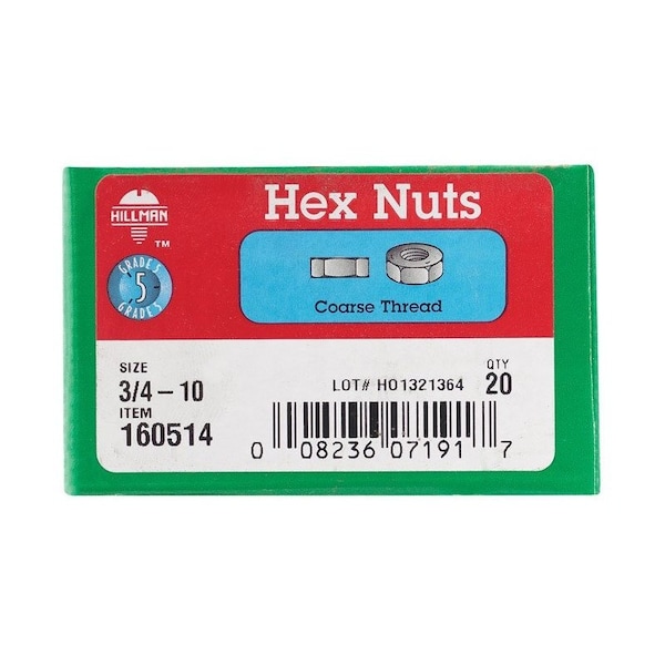 Hillman 3/4 in. Zinc-Plated Steel USS Hex Nut, 20PK 160514 - main