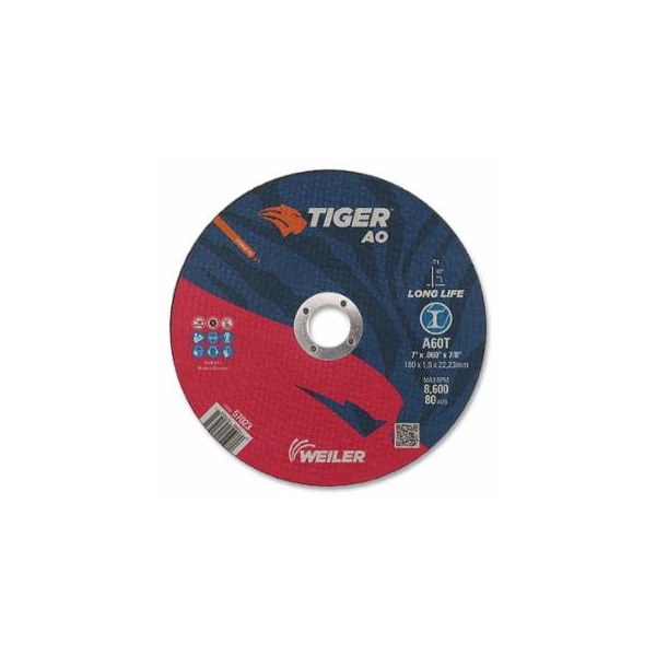 Weiler Tiger AO Cutting Wheel, 7 in dia x 0.060 in Thick, 7/8 in Arbor, A60T, Type 1, 25PK 804-57023 - main