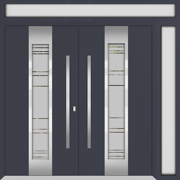Vdomdoors Metal Double Doors Deux 0757 Gray Graphite Frosted Glass 1 Sidelight and Top Transom Entry Modern P DEUX0757DEXD-GRE-W72+14xH80+16-RH-O - main