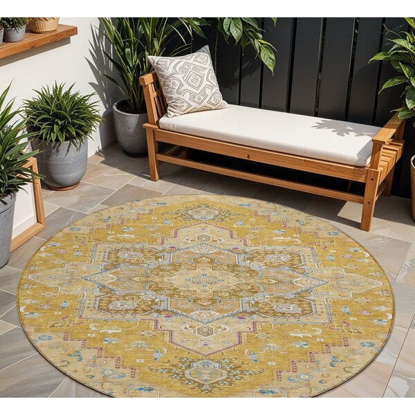 Homeroots 8' Gold Beige And Blue Round Oriental Washable Indoor Outdoor Area Rug 600158 - main