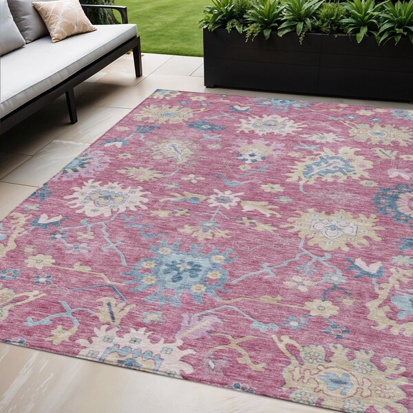 Homeroots 5' X 8' Pink Ivory And Denim Blue Floral Washable Indoor Outdoor Area Rug 605320 - main