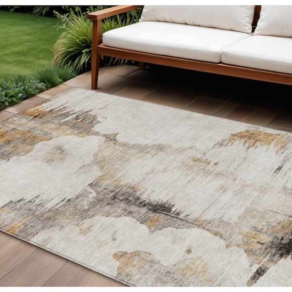 Homeroots 10' X 14' Beige Ivory And Taupe Abstract Washable Indoor Outdoor Area Rug 582661 - main