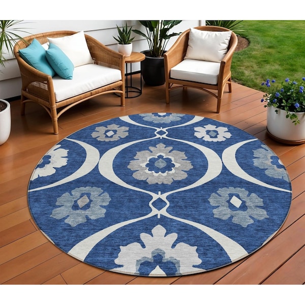Homeroots 8' Navy Blue And Ivory Round Medallion Washable Indoor Outdoor Area Rug 589628 - main