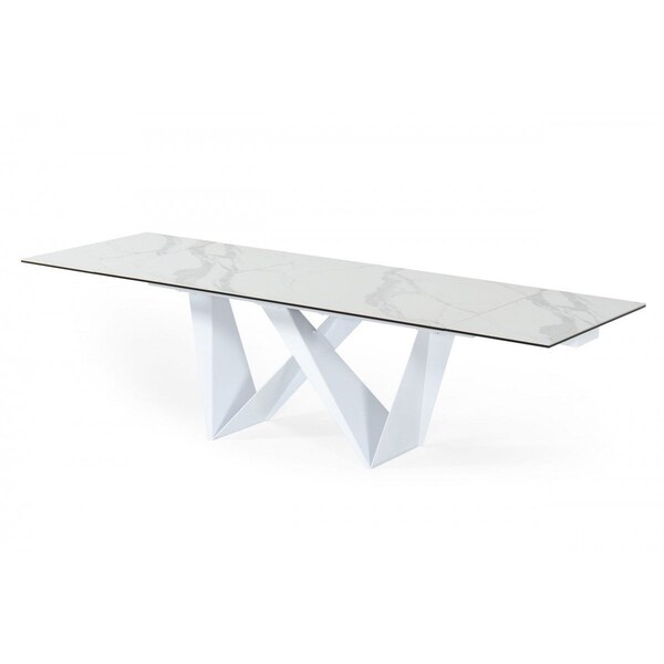 Homeroots 107" White Rectangular Ceramic And Metal Self-Storing Leaf Dining Table 487885 - main