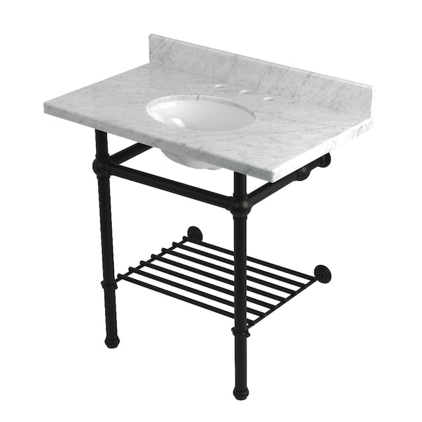 Kingston Brass 36-Inch Carrara Marble Console Sink with Brass Legs and Shelf, 8-Inch, 3-Hole KVPB36MBB0 - main