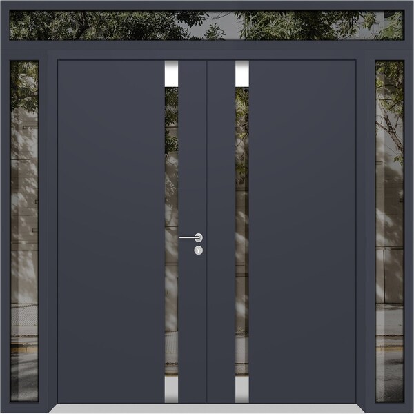 Vdomdoors Aluminum Double Doors Cynex 6777 Grey 2 Sidelights and Top Transom Mirrored Clear Glass Modern Pain CYNEX6777DEXD-GRE-W12+72+12xH80+16-RH-I - main