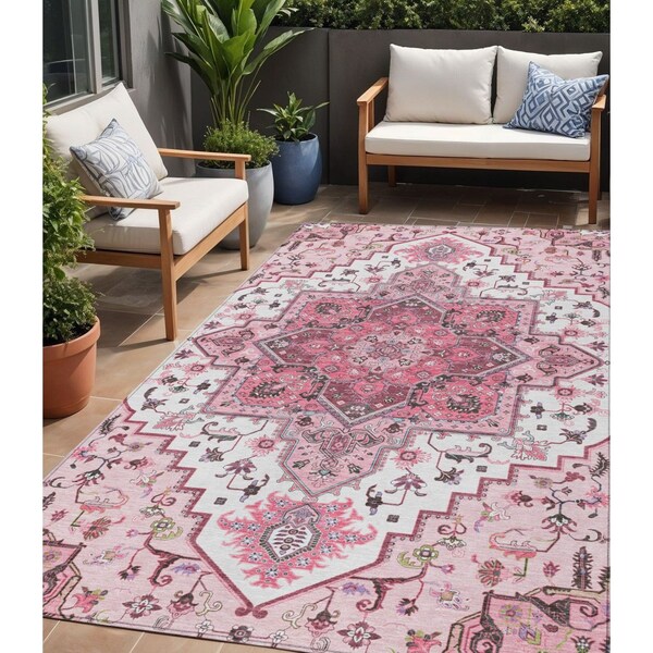 Homeroots 5' X 8' Pink Ivory And Gray Oriental Washable Indoor Outdoor Area Rug 600181 - main