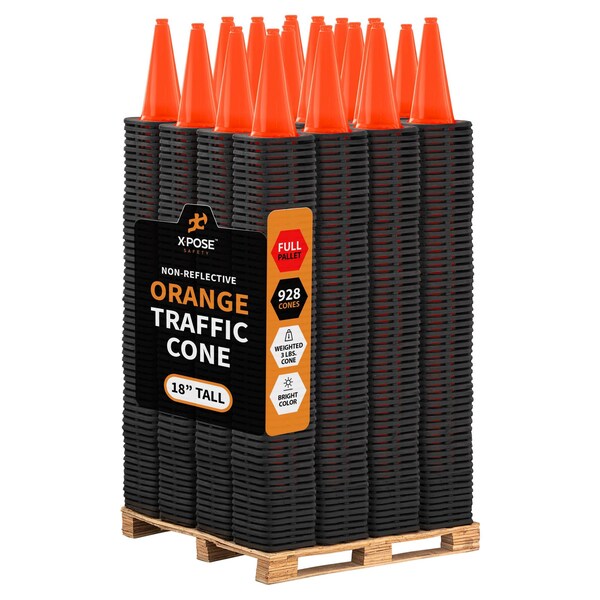 Xpose Safety Traffic Safety Cone, 18 in, PVC Plastic, No Collar, DOT Approved, Orange, Full Pallet, PK928 OTC18-FP928-X - main