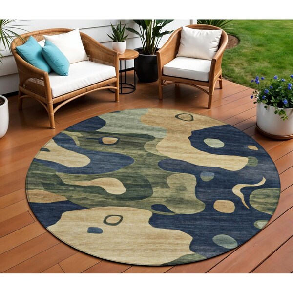 Homeroots 8' Navy Blue Gold And Olive Green Round Abstract Washable Indoor Outdoor Area Rug 630605 - main